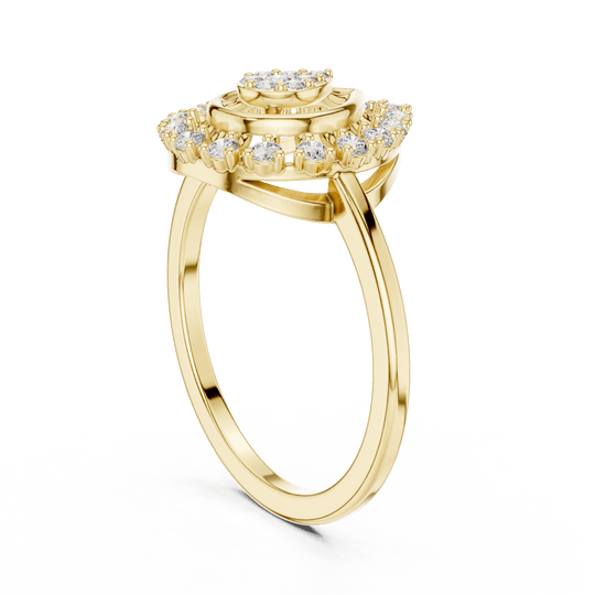 18K Yellow Gold Diamond Engagement Ring featuring Pear Shaped Open Lace Halo Cluster style with Luxury finish for women - Perfect Bridal & Anniversary Gift - 45 Degree Angled View