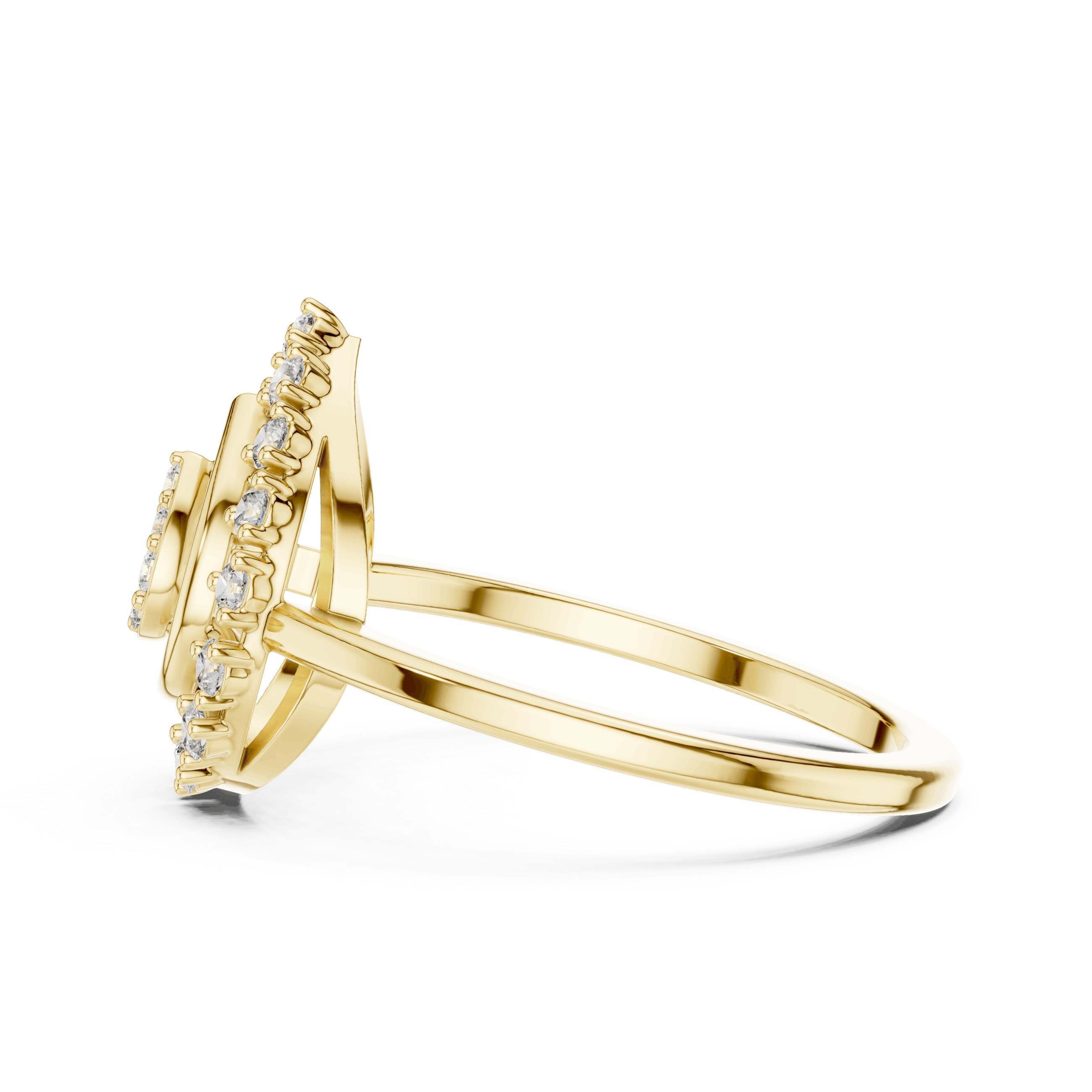 18K Yellow Gold Diamond Engagement Ring featuring Pear Shaped Open Lace Halo Cluster style with Luxury finish for women - Perfect Bridal & Anniversary Gift - Side View