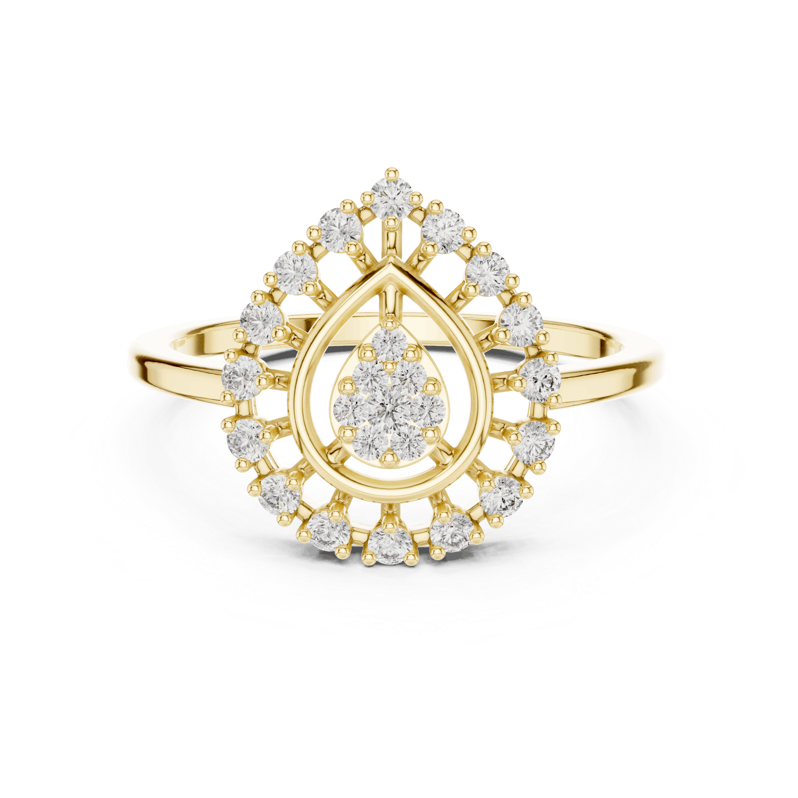 18K Yellow Gold Diamond Engagement Ring featuring Pear Shaped Open Lace Halo Cluster style with Luxury finish for women - Perfect Bridal & Anniversary Gift - Top View