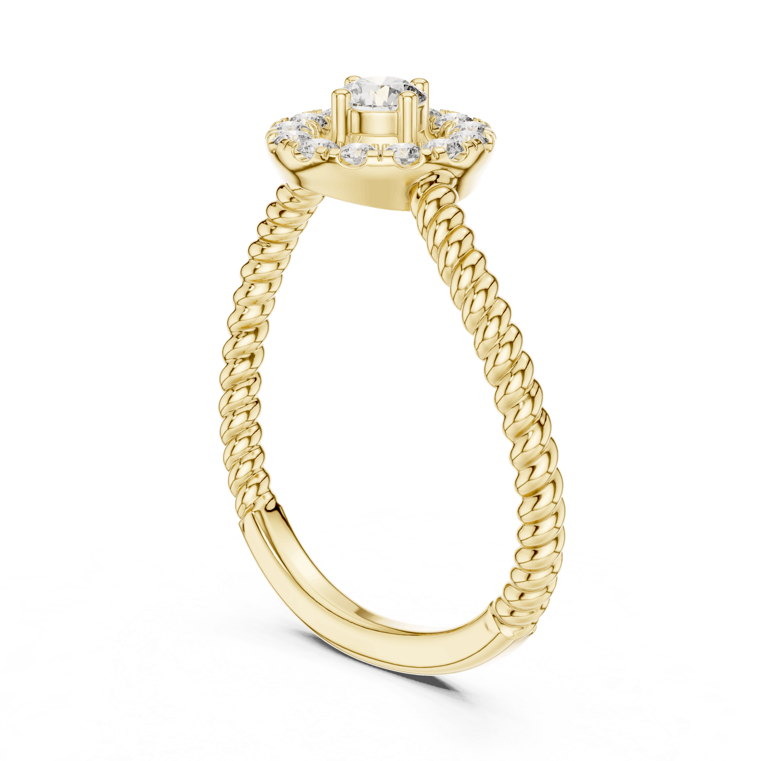 18K Yellow Gold Diamond Engagement Ring featuring Round Halo Twisted Rope style with Luxury finish for women - Perfect Bridal & Anniversary Gift - 45 Degree Angled View