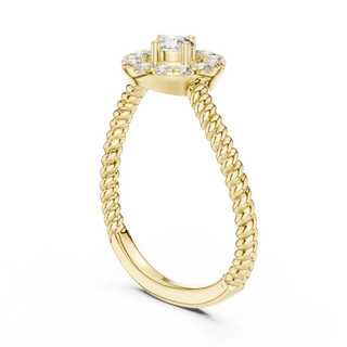 18K Yellow Gold Diamond Engagement Ring featuring Round Halo Twisted Rope style with Luxury finish for women - Perfect Bridal & Anniversary Gift - 45 Degree Angled View