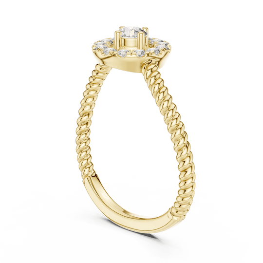 18K Yellow Gold Diamond Engagement Ring featuring Round Halo Twisted Rope style with Luxury finish for women - Perfect Bridal & Anniversary Gift - 45 Degree Angled View