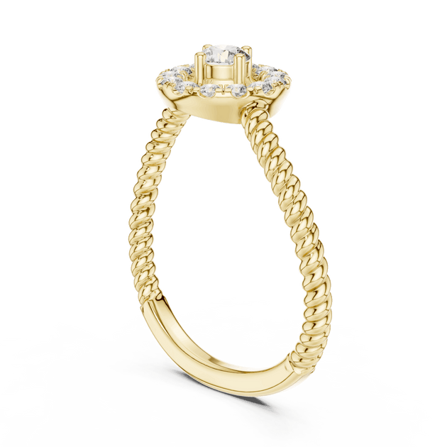 18K Yellow Gold Diamond Engagement Ring featuring Round Halo Twisted Rope style with Luxury finish for women - Perfect Bridal & Anniversary Gift - 45 Degree Angled View