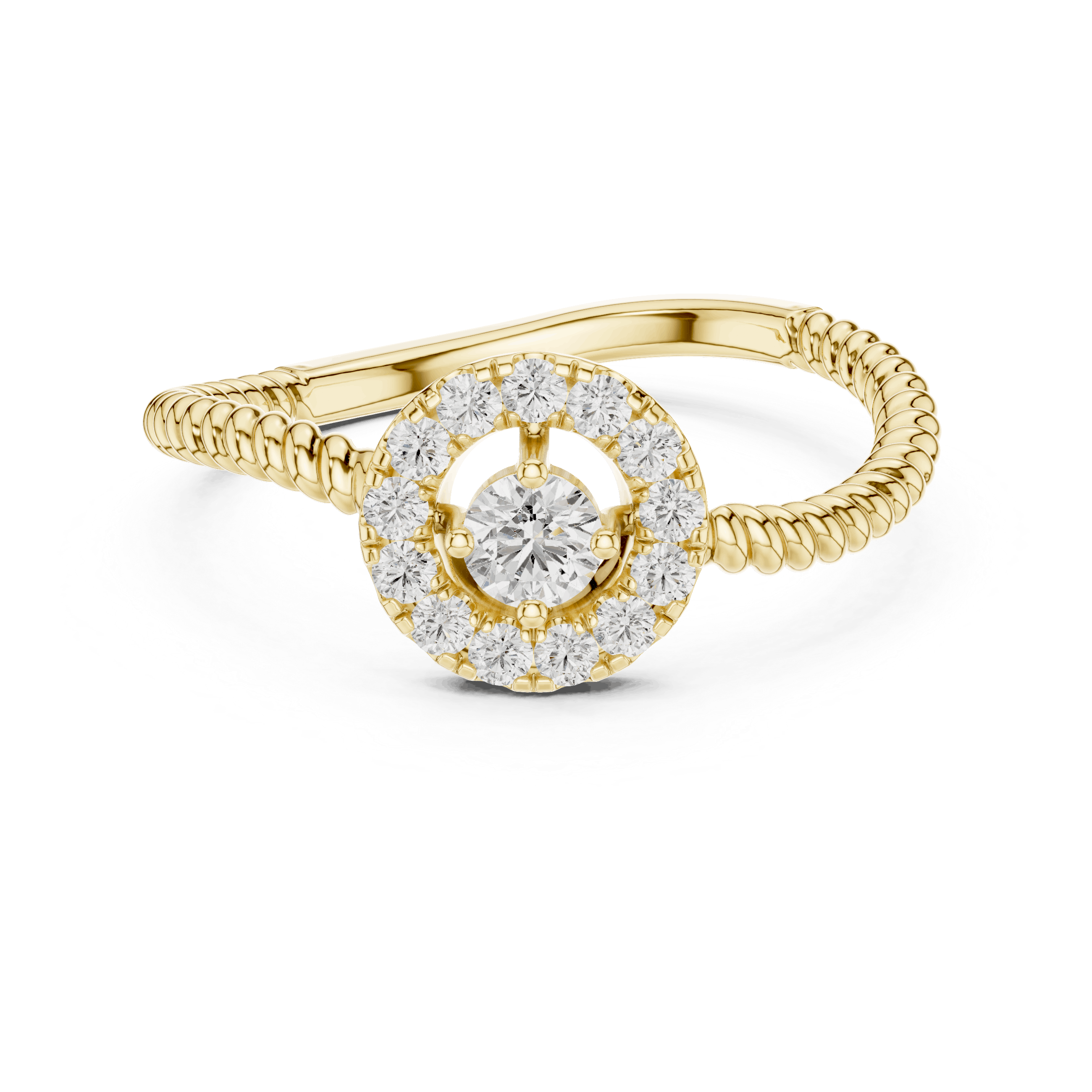 18K Yellow Gold Diamond Engagement Ring featuring Round Halo Twisted Rope style with Luxury finish for women - Perfect Bridal & Anniversary Gift - 45 Degree Angled View