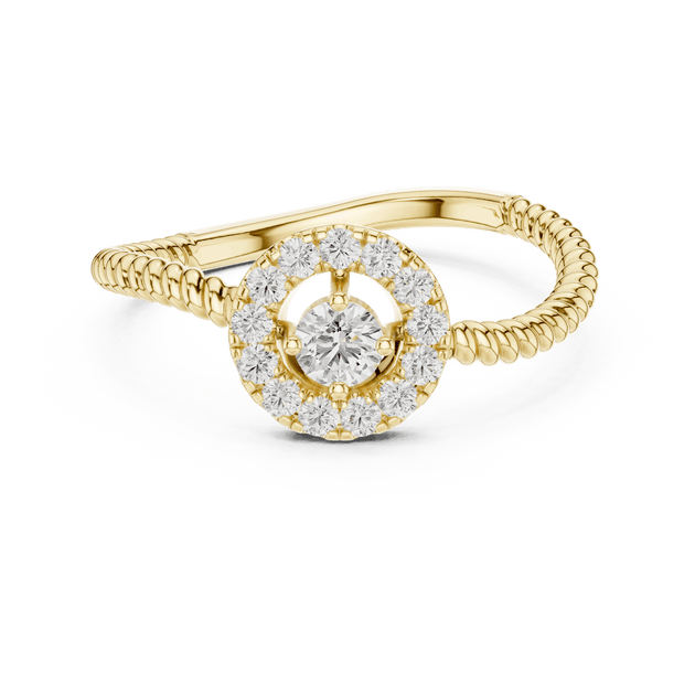 18K Yellow Gold Diamond Engagement Ring featuring Round Halo Twisted Rope style with Luxury finish for women - Perfect Bridal & Anniversary Gift - 45 Degree Angled View