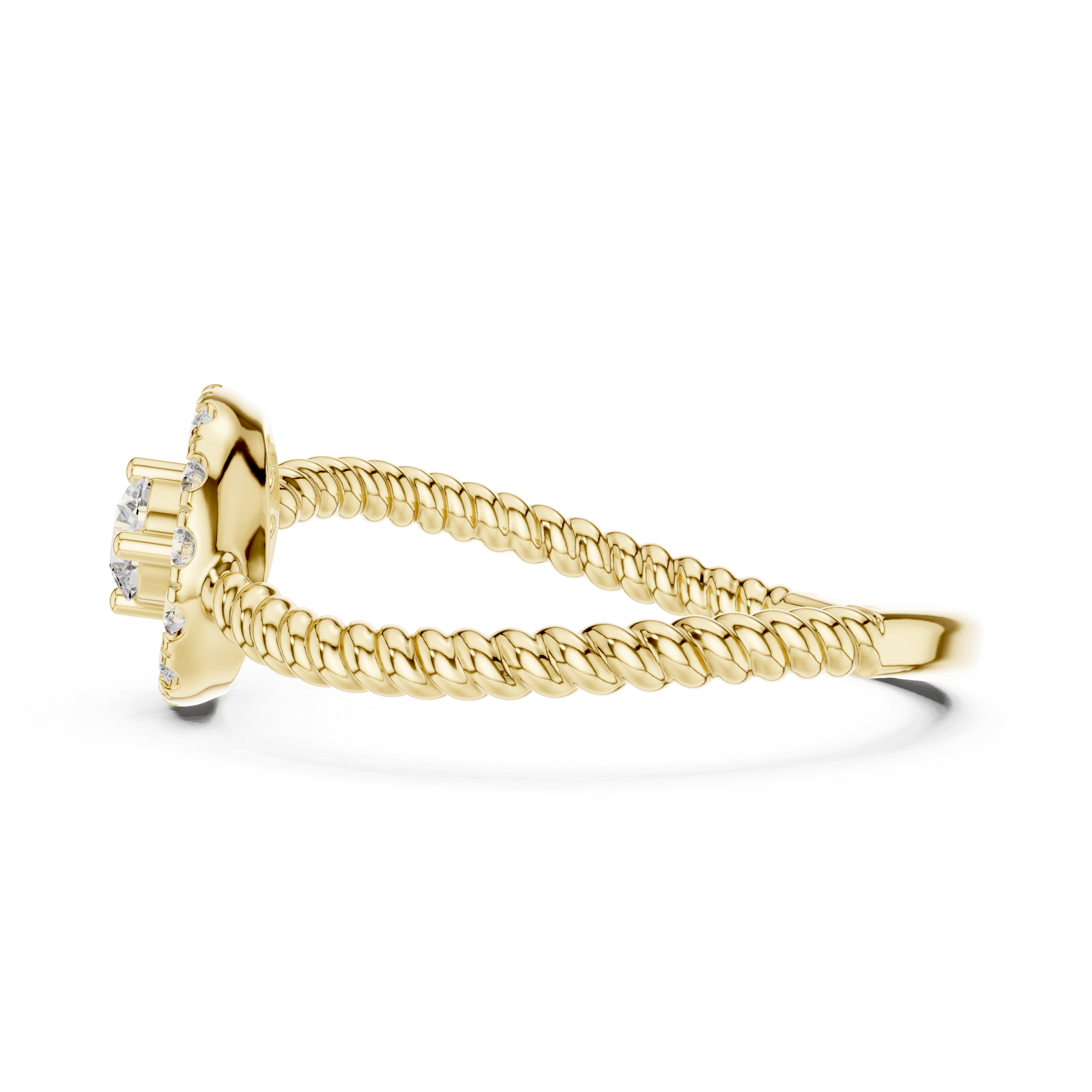 18K Yellow Gold Diamond Engagement Ring featuring Round Halo Twisted Rope style with Luxury finish for women - Perfect Bridal & Anniversary Gift - Side View