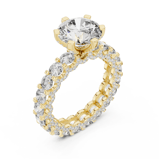 18K Yellow Gold Diamond Engagement Ring featuring Round Brilliant Triple Row Eternity style with Luxury finish for women - Perfect Bridal & Anniversary Gift - 45 Degree Angled View