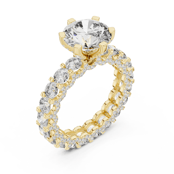 18K Yellow Gold Diamond Engagement Ring featuring Round Brilliant Triple Row Eternity style with Luxury finish for women - Perfect Bridal & Anniversary Gift - 45 Degree Angled View