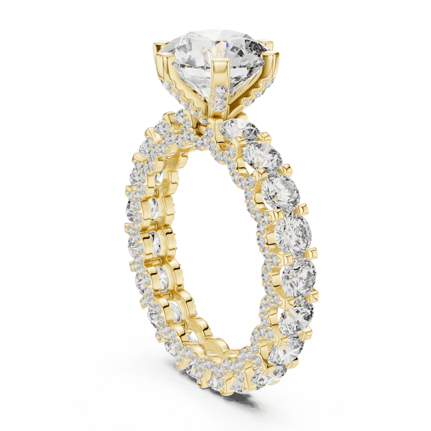 18K Yellow Gold Diamond Engagement Ring featuring Round Brilliant Triple Row Eternity style with Luxury finish for women - Perfect Bridal & Anniversary Gift - 45 Degree Angled View