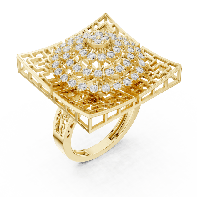 18K Yellow Gold Diamond Cocktail Ring featuring Square Lattice Geometric Fretwork style with Luxury finish for women - Perfect Statement & Festive Gift - 45 Degree Angled View