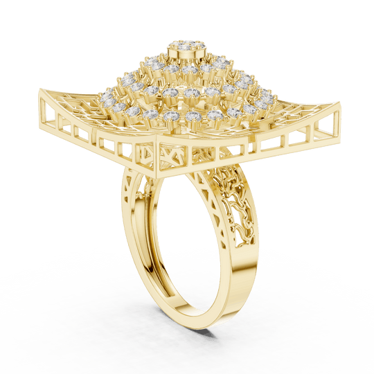18K Yellow Gold Diamond Cocktail Ring featuring Square Lattice Geometric Fretwork style with Luxury finish for women - Perfect Statement & Festive Gift - 45 Degree Angled View