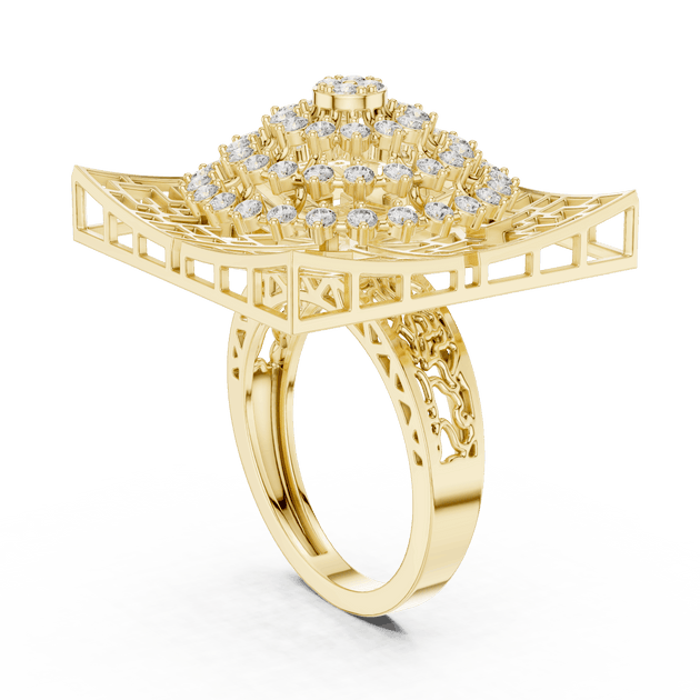 18K Yellow Gold Diamond Cocktail Ring featuring Square Lattice Geometric Fretwork style with Luxury finish for women - Perfect Statement & Festive Gift - 45 Degree Angled View