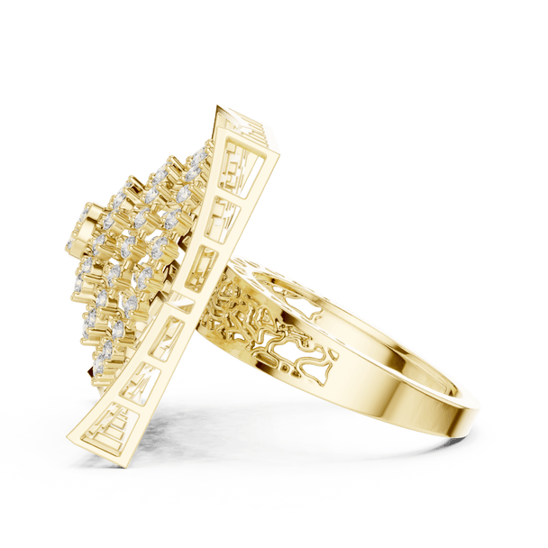18K Yellow Gold Diamond Cocktail Ring featuring Square Lattice Geometric Fretwork style with Luxury finish for women - Perfect Statement & Festive Gift - Side View