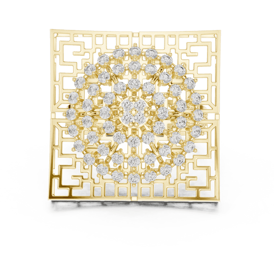 18K Yellow Gold Diamond Cocktail Ring featuring Square Lattice Geometric Fretwork style with Luxury finish for women - Perfect Statement & Festive Gift - Top View