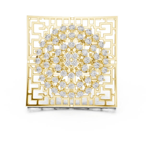 18K Yellow Gold Diamond Cocktail Ring featuring Square Lattice Geometric Fretwork style with Luxury finish for women - Perfect Statement & Festive Gift - Top View
