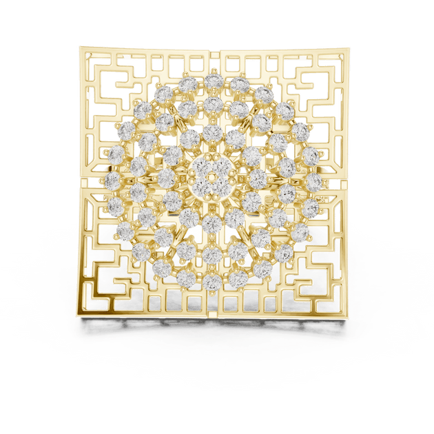 18K Yellow Gold Diamond Cocktail Ring featuring Square Lattice Geometric Fretwork style with Luxury finish for women - Perfect Statement & Festive Gift - Top View